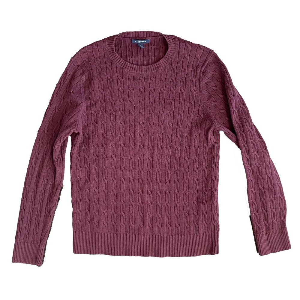 Lands End Cable Knit Sweater Eggplant Cotton Preppy size L